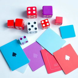 A collection of flat colored dice and playing cards, featuring vibrant hues of blue, red, and purple