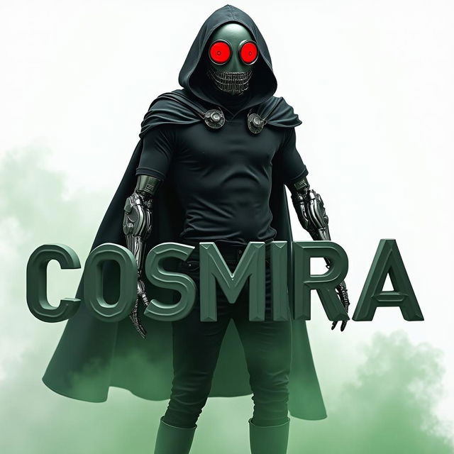 A mysterious man wearing a dark gray shiny round mask with glowing red glass eyes