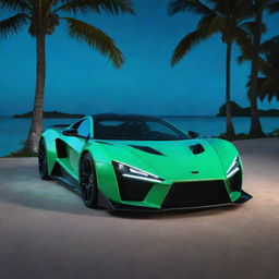 A Zenvo Aurora Hypercar with its doors swung open, parked on a Maldivian beach under a neon-green night sky. Illuminations come from the car's interior, casting light on the nearby palm trees and shimmering turquoise waters.