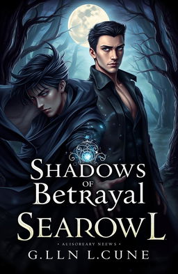 A gripping book cover illustration for an adult fantasy novel titled "Shadows of Betrayal"