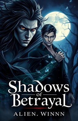 A gripping book cover illustration for an adult fantasy novel titled "Shadows of Betrayal"