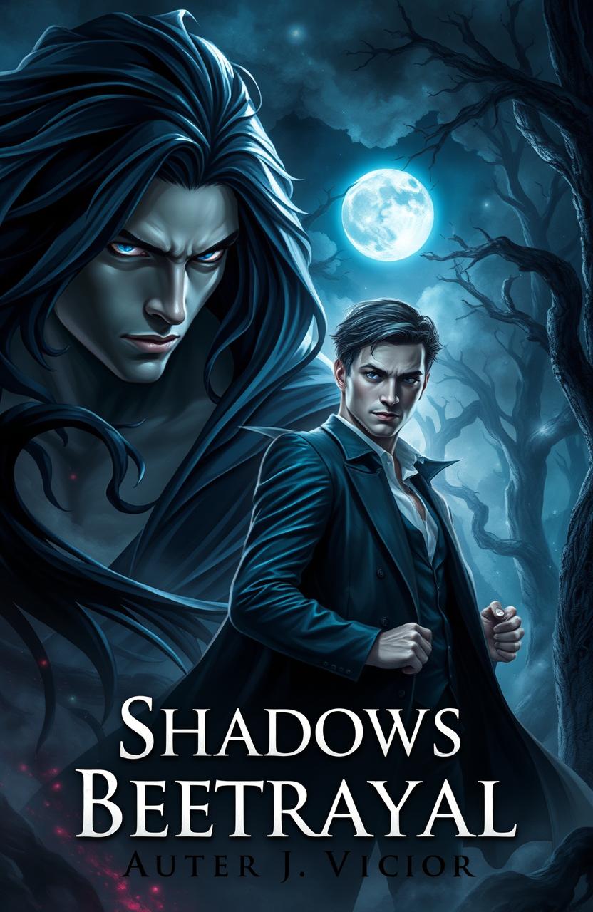 A gripping book cover illustration for an adult fantasy novel titled "Shadows of Betrayal"