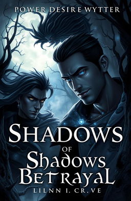 A gripping book cover illustration for an adult fantasy novel titled "Shadows of Betrayal"