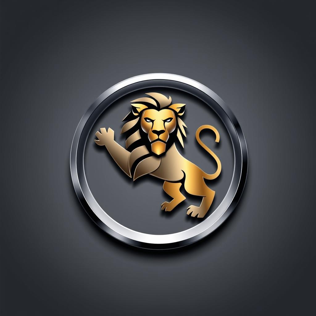 A sleek and modern logo design for a car brand featuring a majestic lion in the center