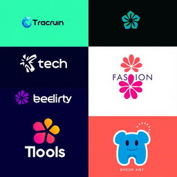 Creative and modern logo designs featuring various styles such as minimalistic, abstract, and geometric elements