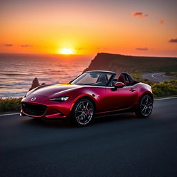 A stunning Mazda MX-5 sports car parked elegantly on a winding coastal road during sunset