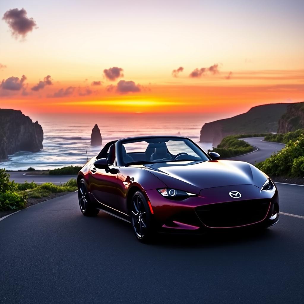 A stunning Mazda MX-5 sports car parked elegantly on a winding coastal road during sunset