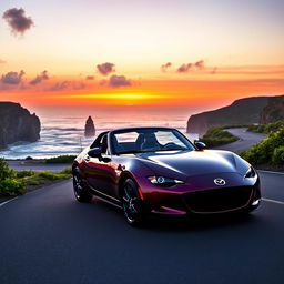 A stunning Mazda MX-5 sports car parked elegantly on a winding coastal road during sunset