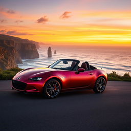 A stunning Mazda MX-5 sports car parked elegantly on a winding coastal road during sunset