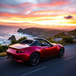 A stunning Mazda MX-5 sports car parked elegantly on a winding coastal road during sunset