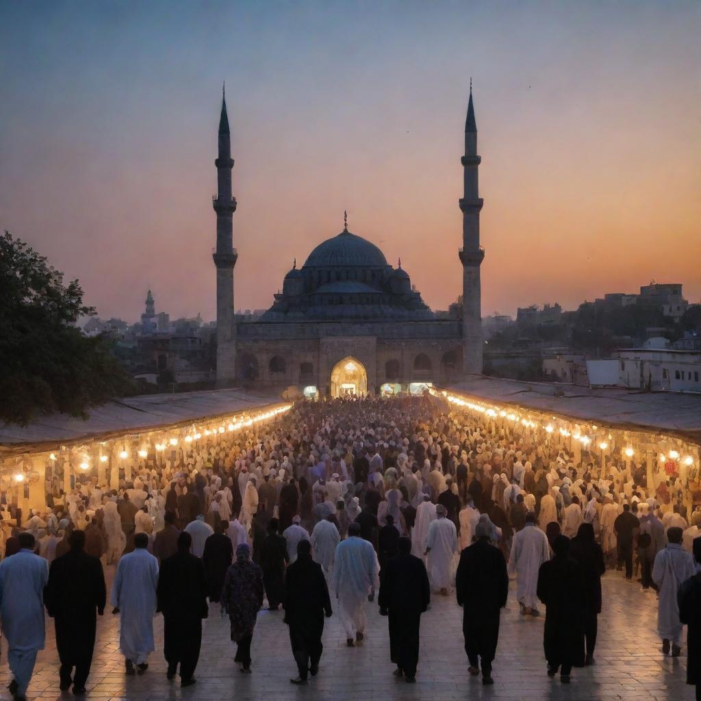 Transitioning to nightfall, the picture showcases the townspeople heading towards a lit up mosque in the city, all congregating for communal prayer, reflecting a sense of unity and gratitude.