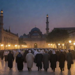 Transitioning to nightfall, the picture showcases the townspeople heading towards a lit up mosque in the city, all congregating for communal prayer, reflecting a sense of unity and gratitude.