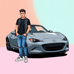 A Mazda MX-5 in titanium gray color, illustrated in a comic style