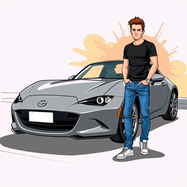 A Mazda MX-5 in titanium gray color, illustrated in a comic style