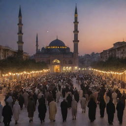 Transitioning to nightfall, the picture showcases the townspeople heading towards a lit up mosque in the city, all congregating for communal prayer, reflecting a sense of unity and gratitude.