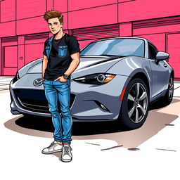 A Mazda MX-5 in titanium gray color, illustrated in a comic style