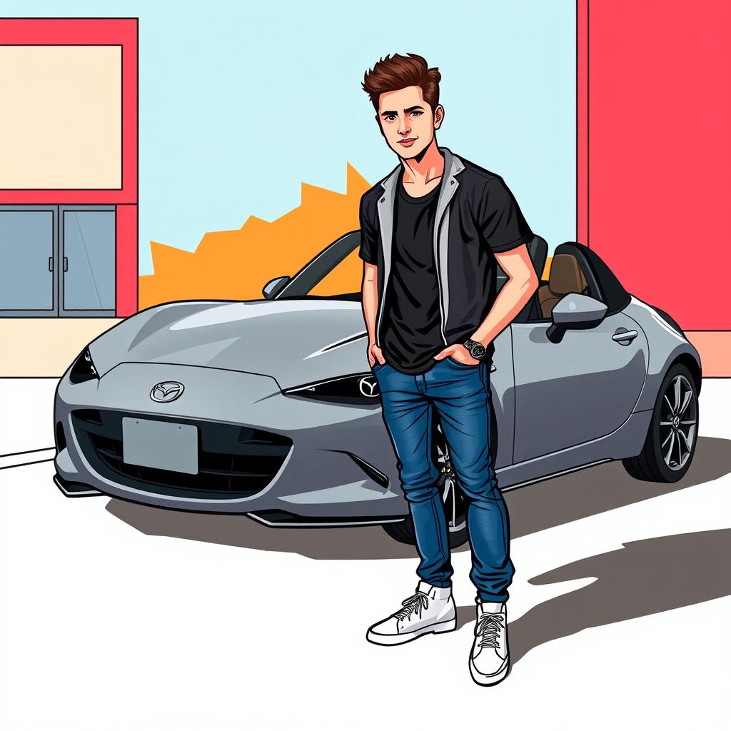 A Mazda MX-5 in titanium gray color, illustrated in a comic style