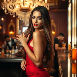 A glamorous portrait of a sexy woman with long flowing hair, wearing a sultry red dress that hugs her curves, confidently posing in an upscale bar setting with dim, atmospheric lighting