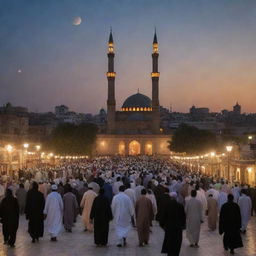 Transitioning to nightfall, the picture showcases the townspeople heading towards a lit up mosque in the city, all congregating for communal prayer, reflecting a sense of unity and gratitude.