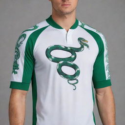 A striking green and white jersey adorned with a detailed snake emblem as its logo.