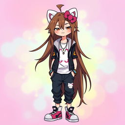 A tall male character inspired by Hello Kitty, featuring long flowing brown hair