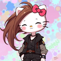 A tall male character inspired by Hello Kitty, featuring long flowing brown hair