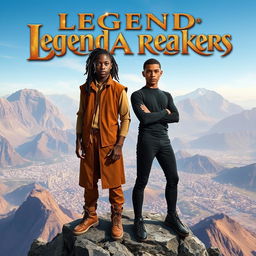 Two tall teenagers confidently standing and facing the audience, perfectly centered on the peak of a striking mountain