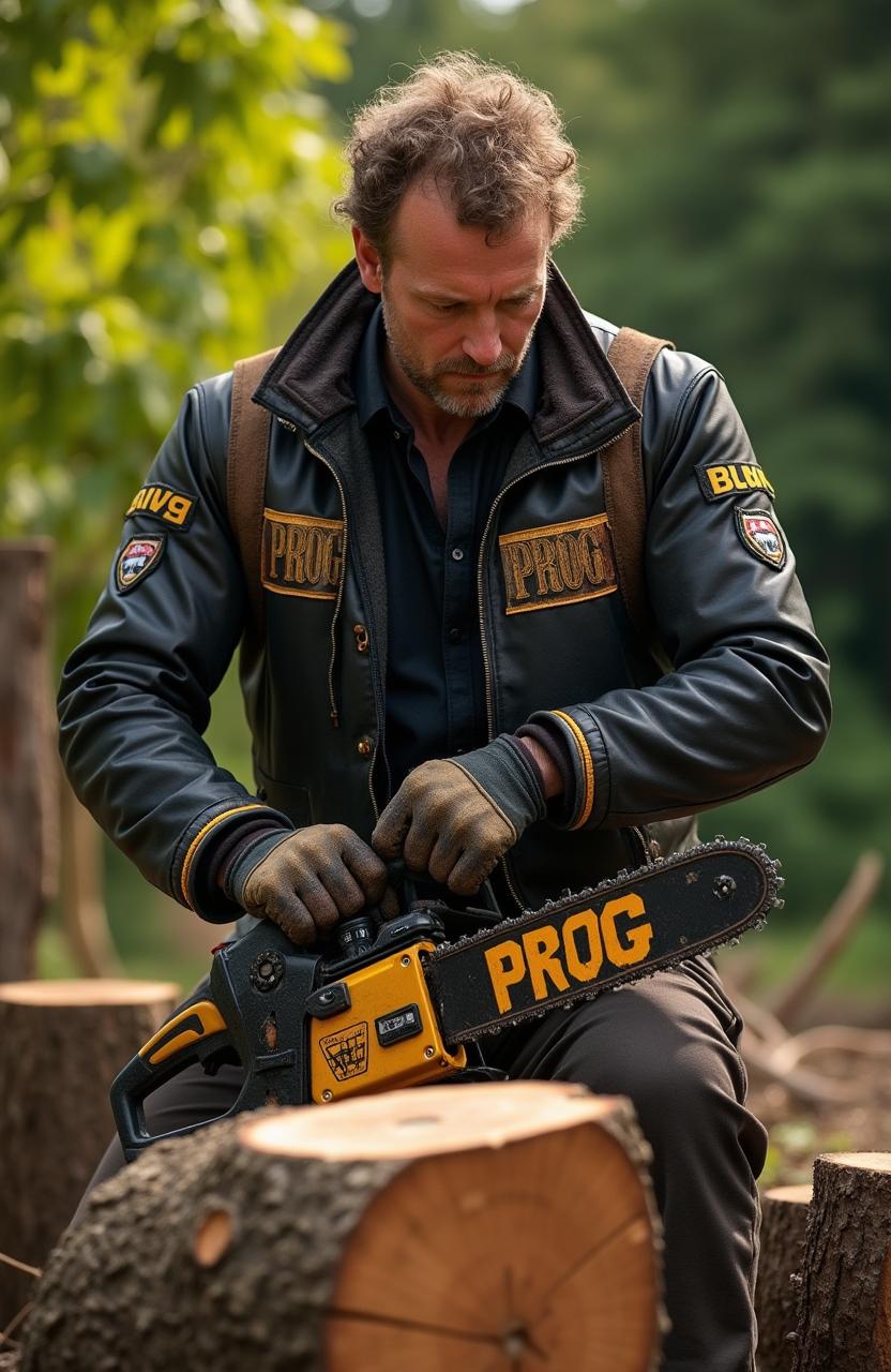 A man wearing a black and gold jacket with the word 'PROG' prominently displayed on it, is holding a gold and black chainsaw, also marked with 'PROG'