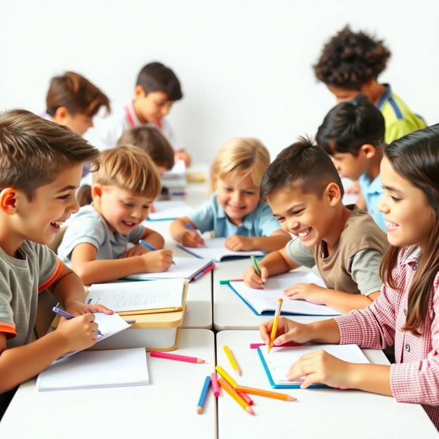 A group of school children actively engaged in writing at their desks, with a light-colored white background