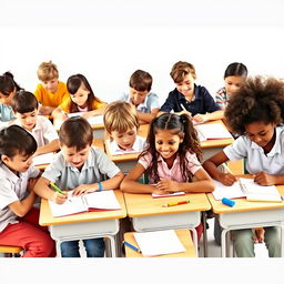 A group of school children actively engaged in writing at their desks, with a light-colored white background