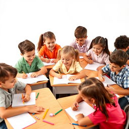 A group of school children actively engaged in writing at their desks, with a light-colored white background