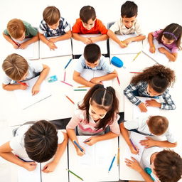 A group of school children actively engaged in writing at their desks, with a light-colored white background