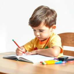 A focused school kid sitting at a wooden desk, diligently writing in a notebook with a pencil on a clean white background