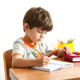 A focused school kid sitting at a wooden desk, diligently writing in a notebook with a pencil on a clean white background