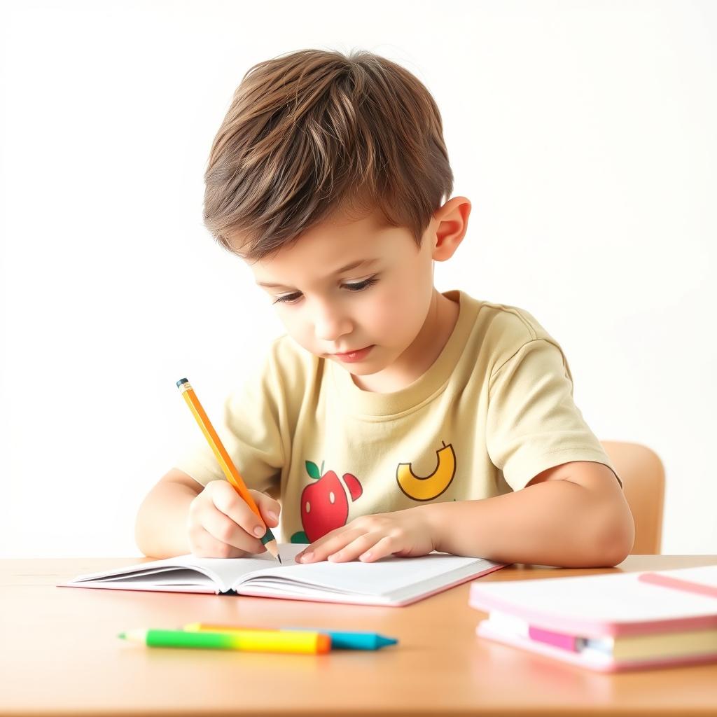 A focused school kid sitting at a wooden desk, diligently writing in a notebook with a pencil on a clean white background