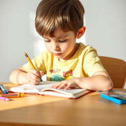 A focused school kid sitting at a wooden desk, diligently writing in a notebook with a pencil on a clean white background