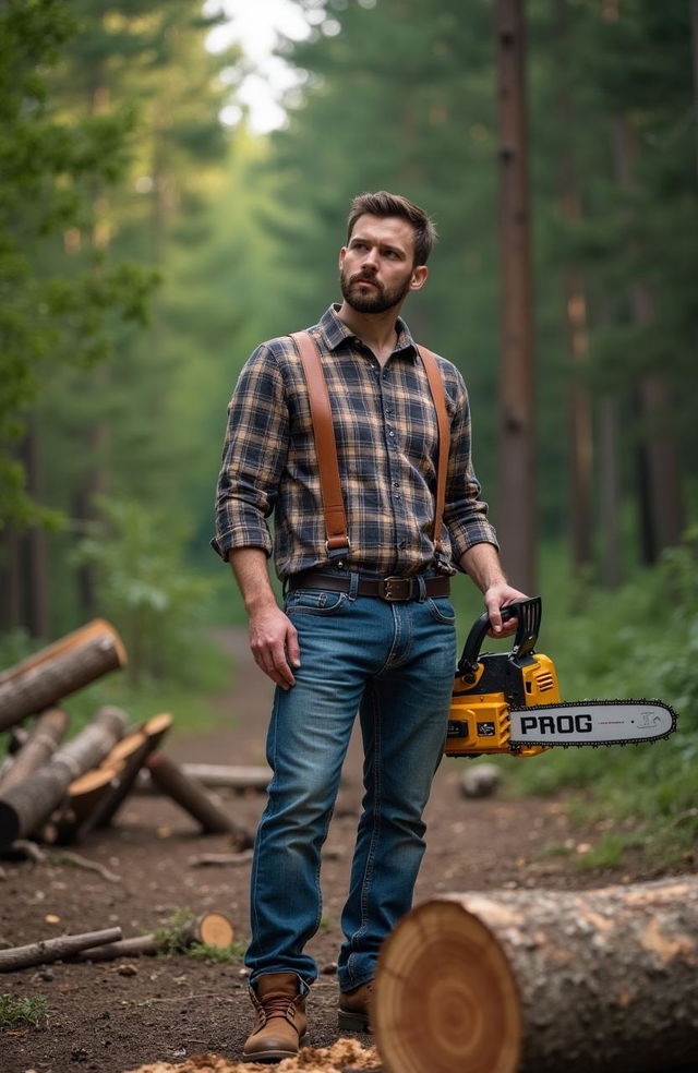 A man dressed in a plaid shirt with suspenders, wearing denim jeans and brown lumberjack boots, is holding a gold and black chainsaw labeled 'PROG'