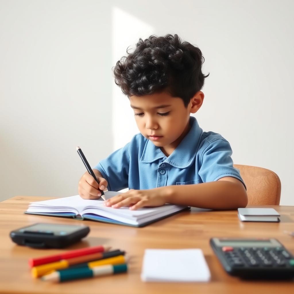 A determined school kid sitting at a wooden desk, focused on writing in a notebook, with a clean school-themed white background