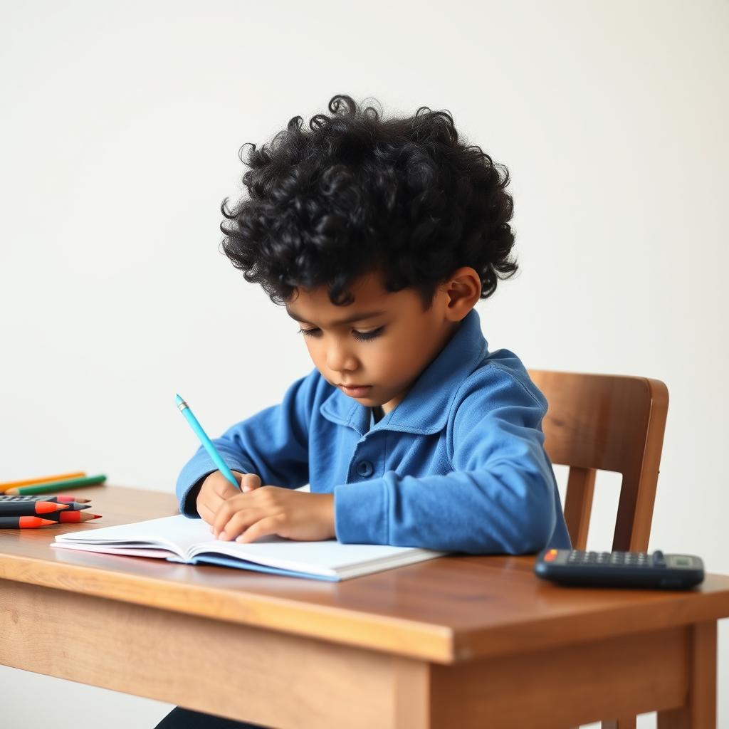 A determined school kid sitting at a wooden desk, focused on writing in a notebook, with a clean school-themed white background