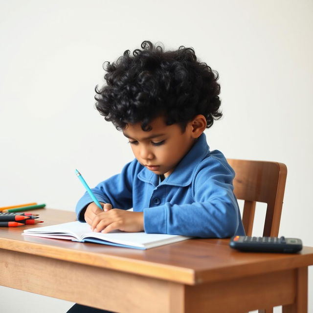 A determined school kid sitting at a wooden desk, focused on writing in a notebook, with a clean school-themed white background