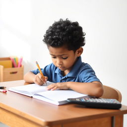 A determined school kid sitting at a wooden desk, focused on writing in a notebook, with a clean school-themed white background