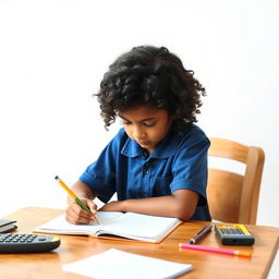 A determined school kid sitting at a wooden desk, focused on writing in a notebook, with a clean school-themed white background