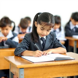 A school kid in a neat dress uniform, sitting at a wooden desk, focused intently on writing in a notebook