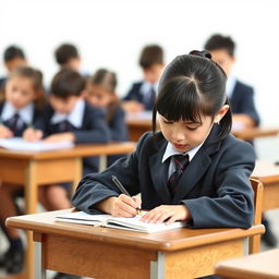 A school kid in a neat dress uniform, sitting at a wooden desk, focused intently on writing in a notebook