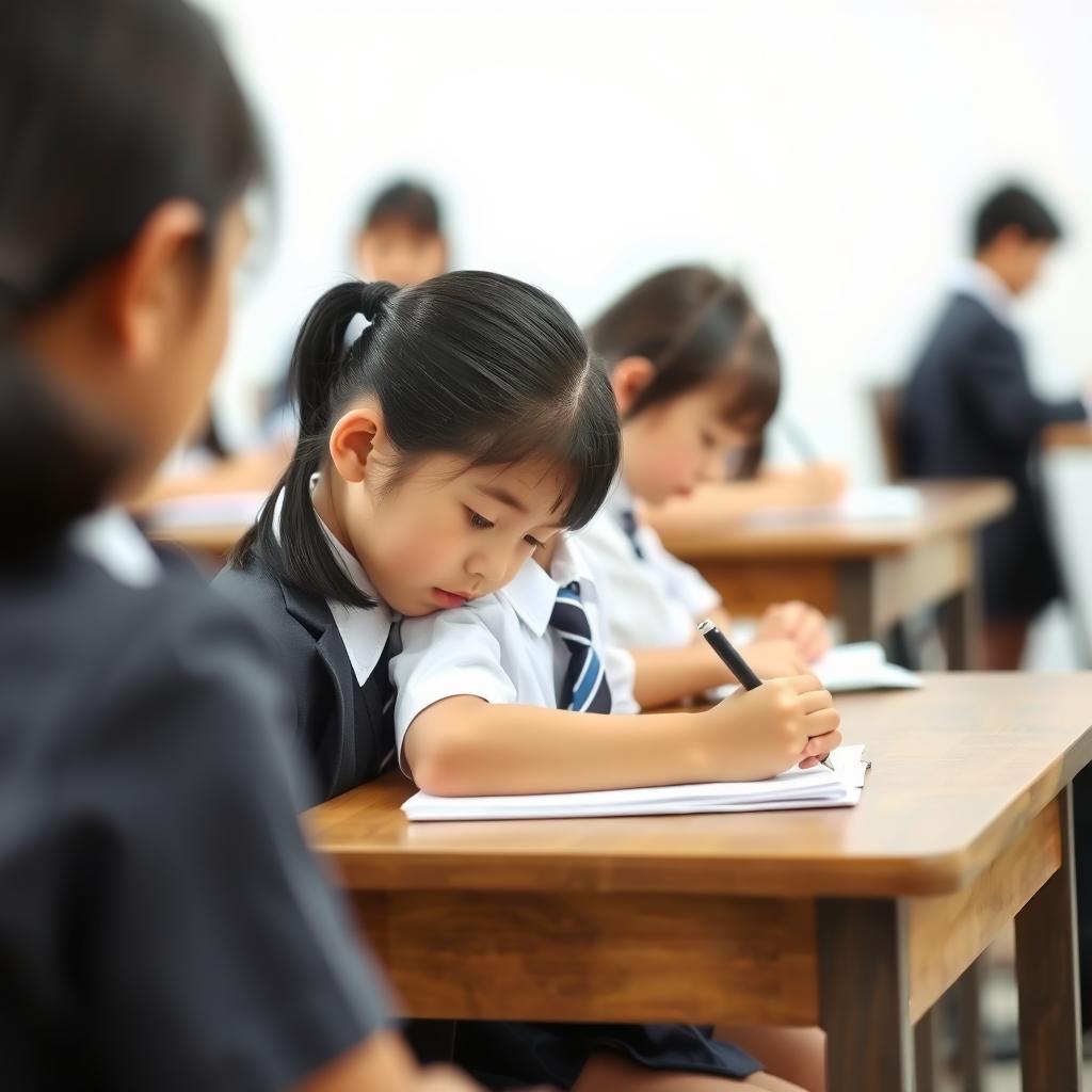 A school kid in a neat dress uniform, sitting at a wooden desk, focused intently on writing in a notebook