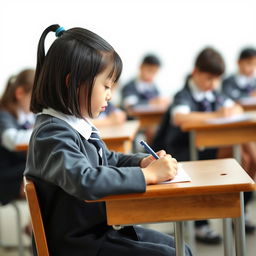 A school kid in a neat dress uniform, sitting at a wooden desk, focused intently on writing in a notebook