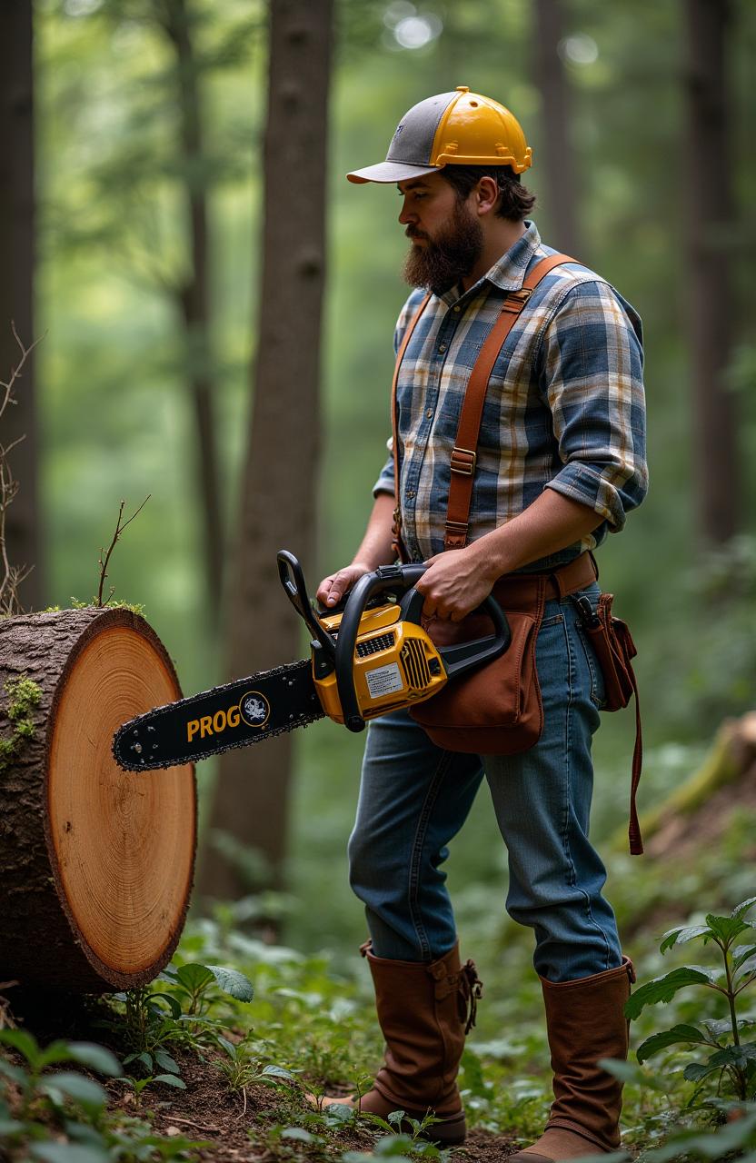 A man dressed in a plaid shirt with suspenders, wearing denim jeans and brown lumberjack boots, is holding a gold and black chainsaw marked with 'PROG' and a logo of a cocker spaniel