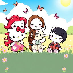 Three cute Hello Kitty friends enjoying a sunny day at a park