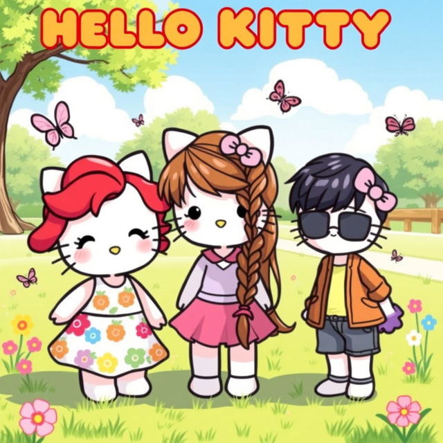 Three cute Hello Kitty friends enjoying a sunny day at a park