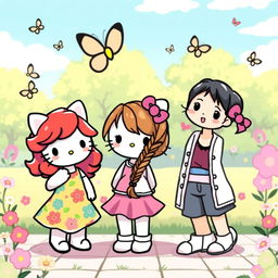 Three cute Hello Kitty friends enjoying a sunny day at a park